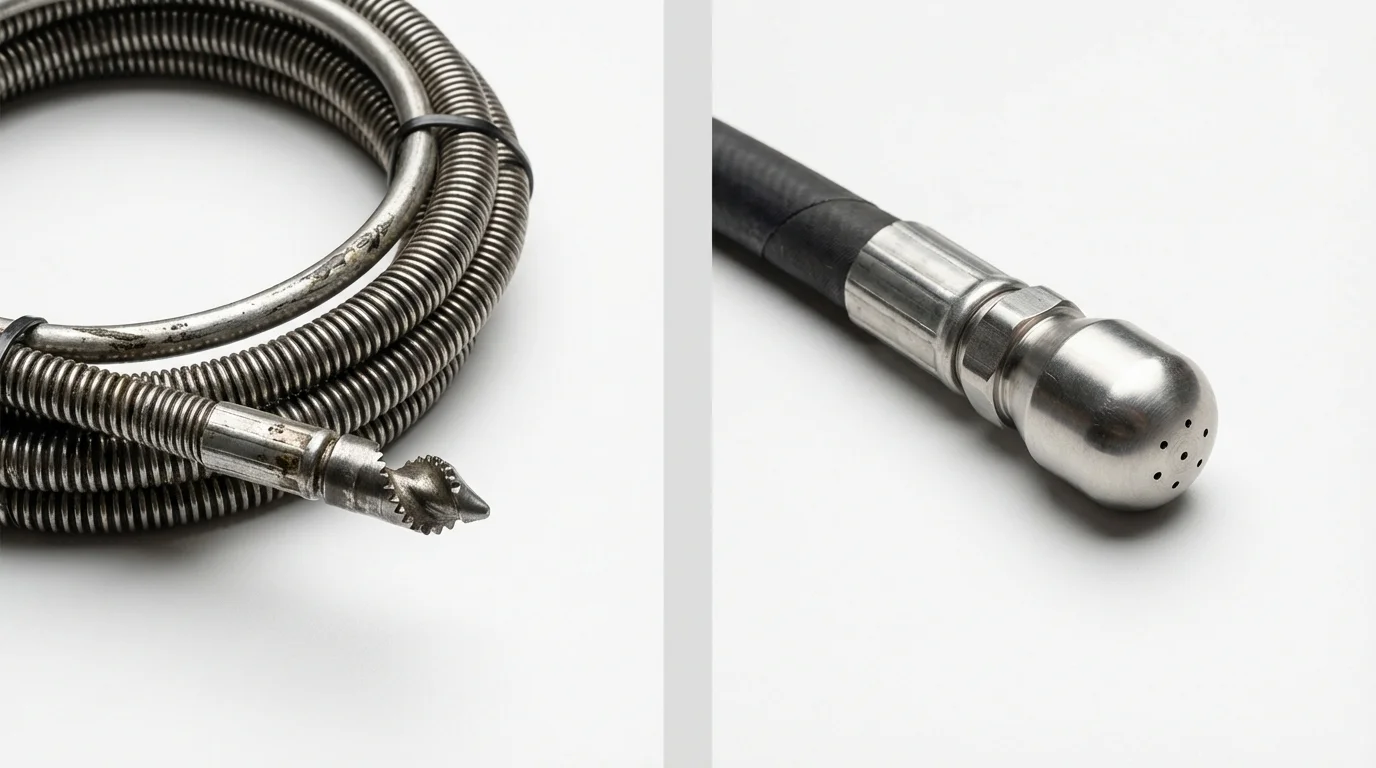 Drain snake cable and hydro jetting nozzle used for drain cleaning in Woodbine, GA