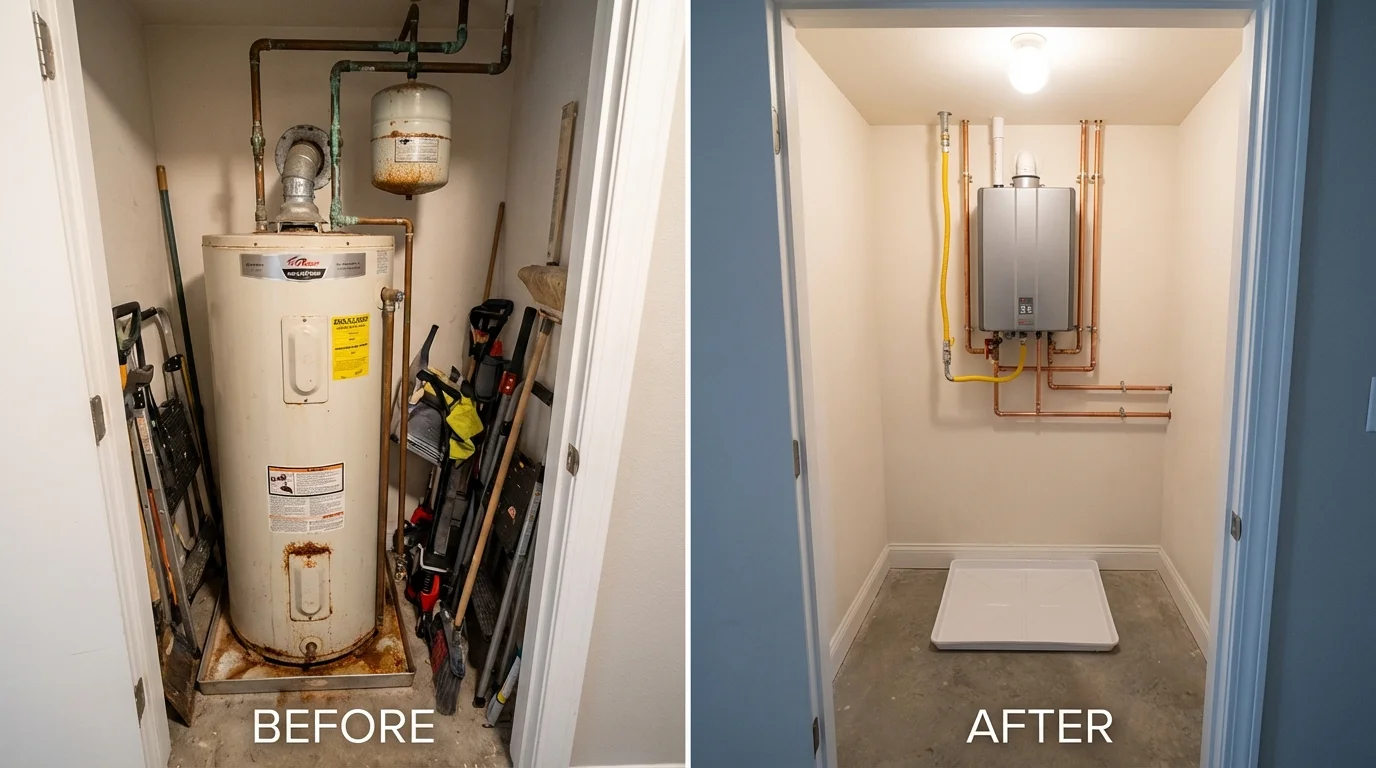 Tank water heater versus wall-mounted tankless unit comparison for Woodbine, GA homeowners