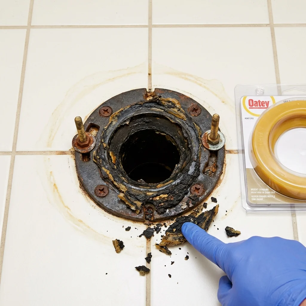 Failed wax ring showing water seepage at the base of a toilet in a Woodbine, GA home