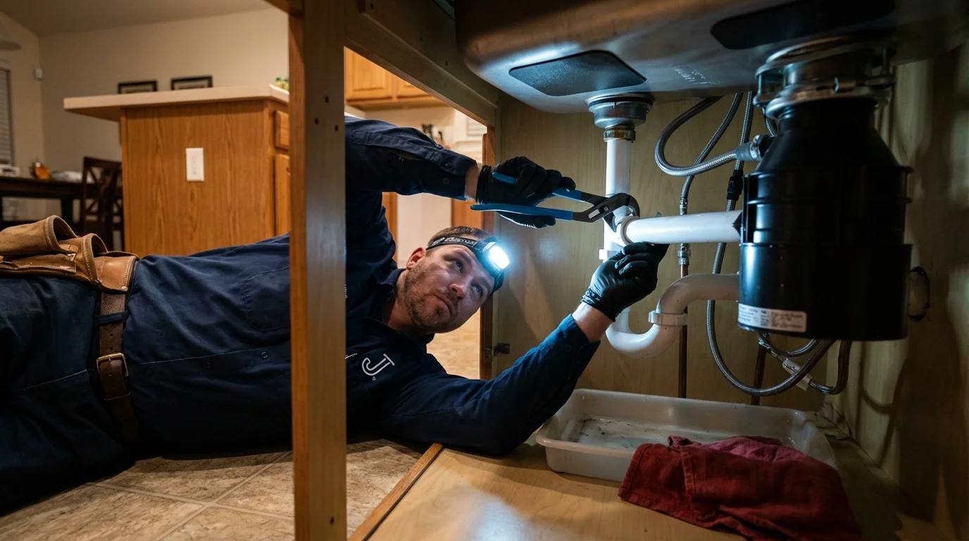 P-trap and supply line connections under a kitchen sink showing a common leak point in Woodbine, GA
